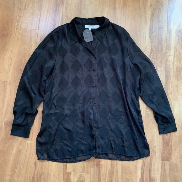 Vintage 'The Work Connection' Black Sheer Diamond Pattern Button Up Blouse - Picture 3 of 10